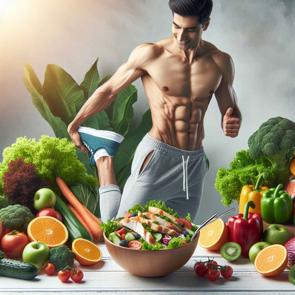 A vibrant and motivating image featuring a healthy, energetic person subtly showcasing a flat stomach. They are either in motion (e.g., stretching after a light jog) or holding a bowl of fresh, colorful salad with lean protein. In the background, elements representing a balanced lifestyle are visible, such as fresh fruits, vegetables, and a bright, clean environment. The overall aesthetic should be positive, active, and inspiring, emphasizing natural methods for effective belly fat reduction and a sense of well-being.