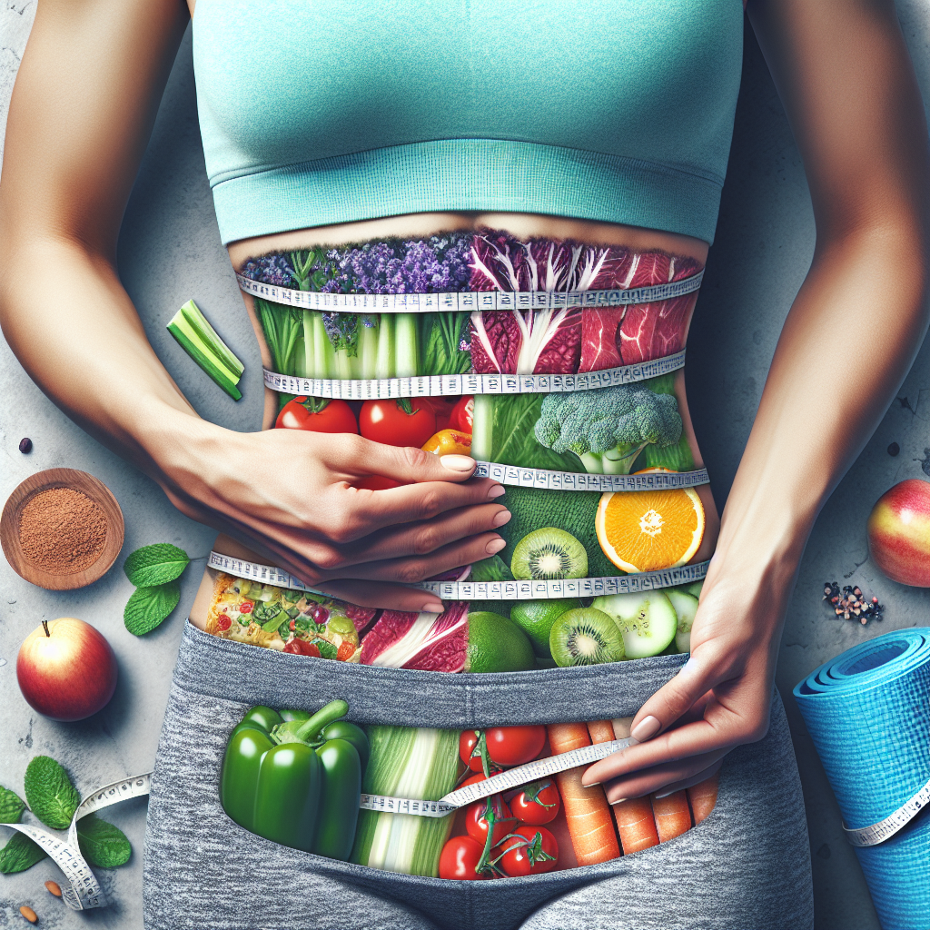 A conceptual image of a person's midsection, subtly transitioning from a slightly rounded stomach to a visibly flatter, toned abdomen. Surrounding this transformation are elements of a healthy lifestyle: vibrant fresh vegetables, fruits, lean protein, and subtle representations of gentle exercise like a yoga mat or a light weight. The overall atmosphere is bright, positive, and motivating, emphasizing health, progress, and well-being. Realistic, modern photographic style.