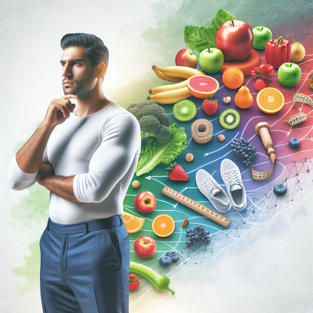 A person with a healthy and confident expression, in an active pose or thoughtful moment, surrounded by a bright and inspiring blend of elements representing effective belly fat loss: fresh colorful vegetables and fruits, subtle cues of physical activity like a yoga mat or running shoes, and a calm, stress-free atmosphere. The overall feeling is one of achievable well-being and positive lifestyle change, without explicitly showing fat.