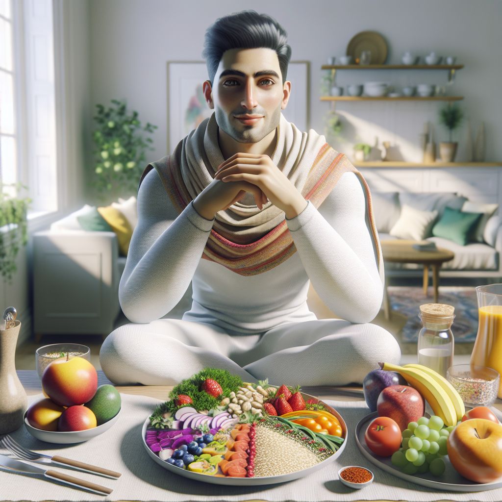 A serene, cozy scene featuring a person (gender-neutral, healthy and content) enjoying a beautifully arranged, vibrant healthy meal (e.g., a colorful salad, fresh fruits, whole grains) at a kitchen counter or a bright dining table at home. There are no sports equipment or active exercise elements. The focus is on wholesome nutrition, mindful eating, and a relaxed, healthy lifestyle. Soft, natural lighting. Realistic style.