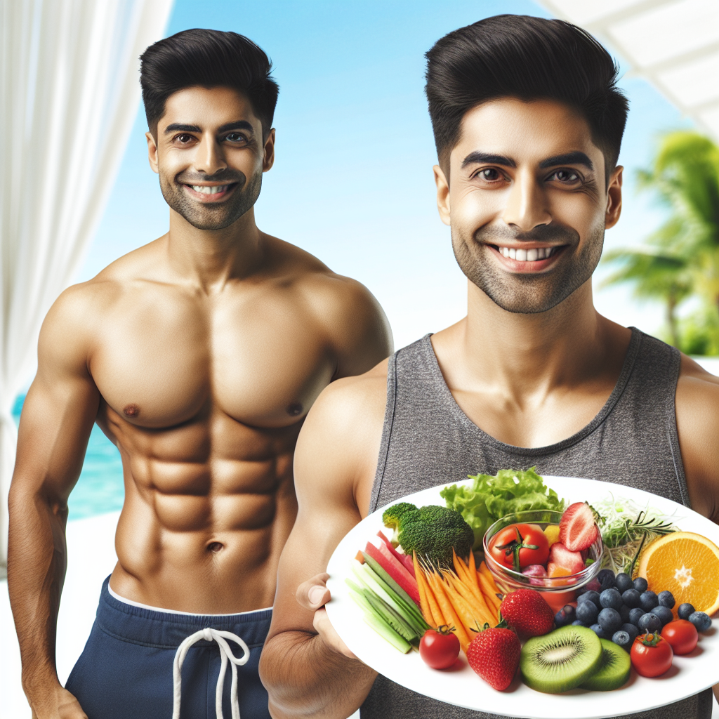 A person with a noticeably flatter, toned stomach, smiling confidently. They are holding a plate with a vibrant, healthy meal composed of fresh vegetables, fruits, and lean protein. The background is bright and clean, emphasizing a positive and healthy lifestyle transformation.