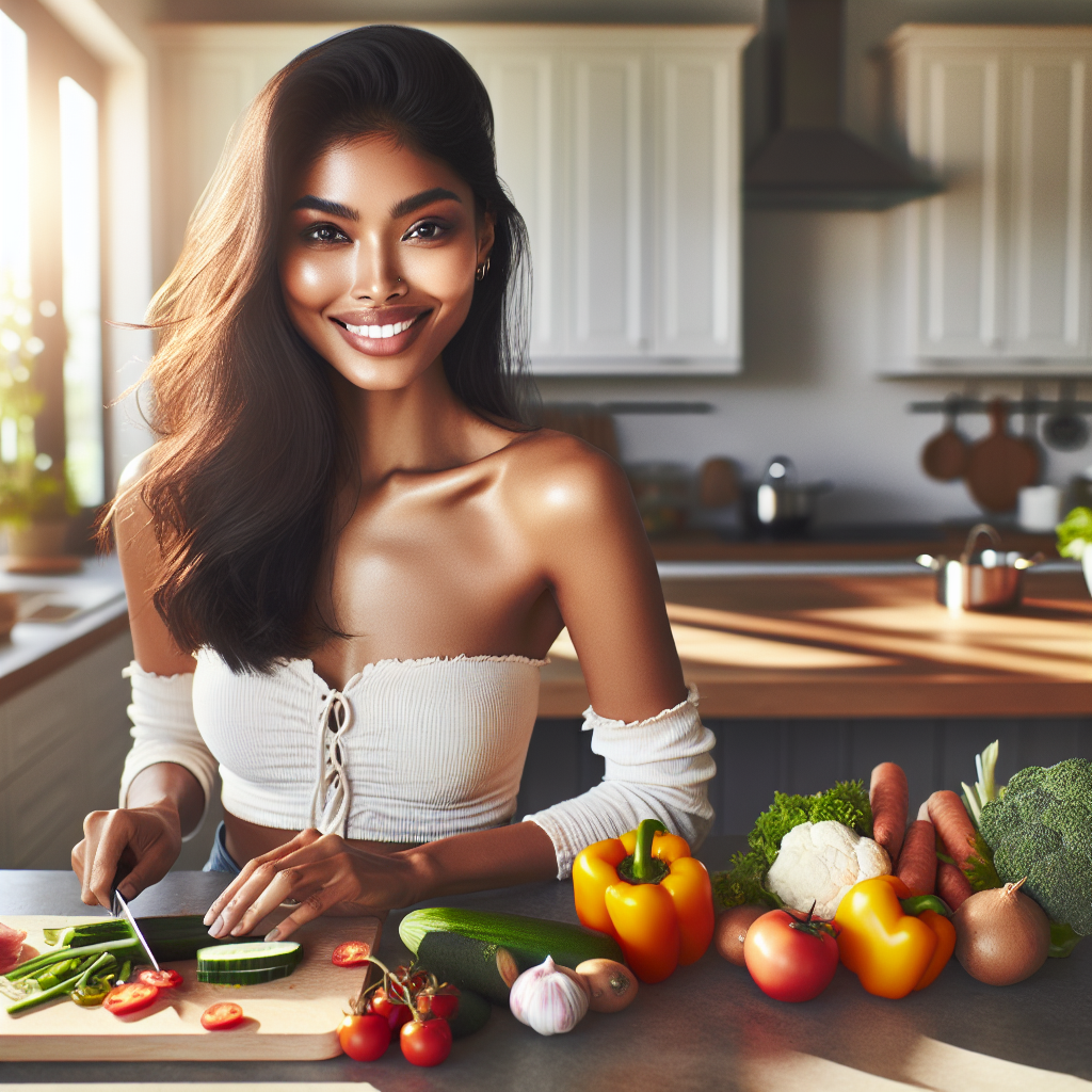A person with a healthy and radiant appearance, smiling confidently while preparing a balanced meal in a modern, sunlit kitchen. The meal consists of fresh vegetables, fruits, and lean protein. The scene should convey a sense of vitality, well-being, and a positive approach to a healthy lifestyle.