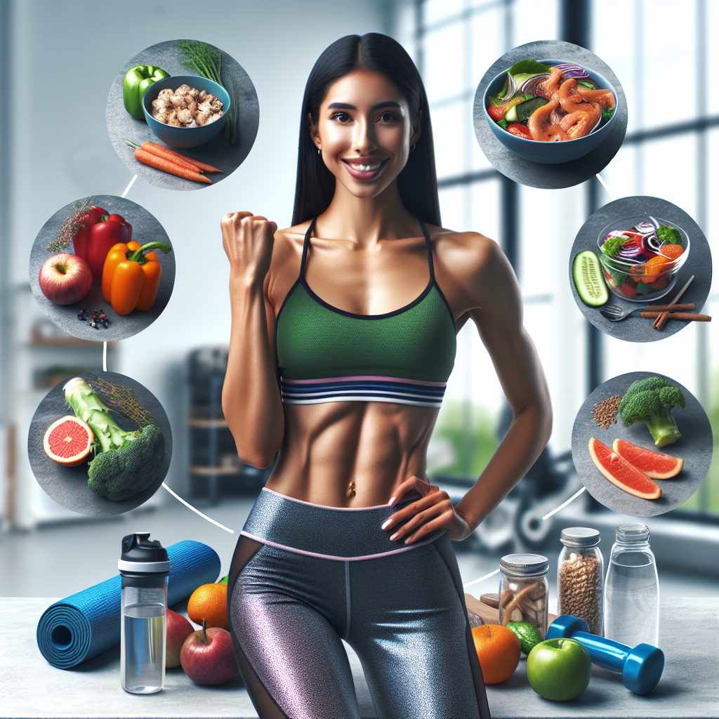 A person with a healthy, toned midsection, confidently smiling and looking energetic. Surrounding them in a subtle, integrated way are visual cues of a balanced lifestyle: fresh, vibrant fruits and vegetables, a small bowl of lean protein, and hints of light physical activity like a discreet yoga mat or a water bottle. The background is clean and bright, emphasizing well-being and success in losing belly fat. Realistic photo, uplifting atmosphere.