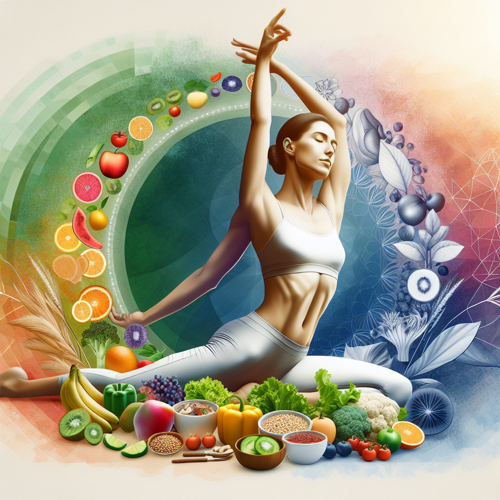 A serene, gender-neutral person with a radiant, healthy glow, performing a gentle, dynamic stretch or light fitness pose. Around them are vibrant, fresh fruits, vegetables, and whole grains, symbolizing a balanced diet. The setting is bright and airy, conveying a sense of well-being, achievable progress, and a focus on a healthy lifestyle leading to a flatter midsection. Optimistic, clean style.
