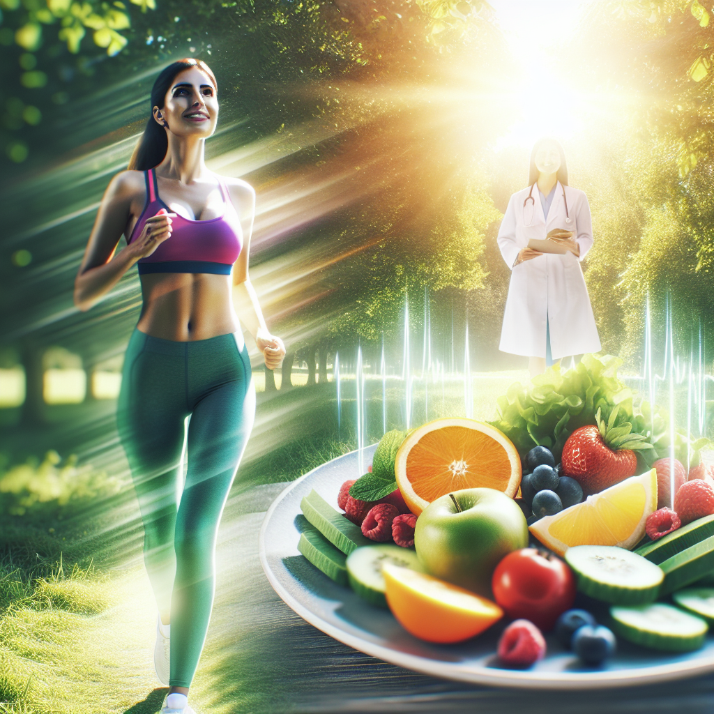 A vibrant and encouraging image of a person embracing a healthy lifestyle, with visual elements representing both balanced nutrition (colorful fresh fruits, vegetables, and lean protein on a plate) and moderate physical activity (a person doing light exercise or jogging in a bright, natural setting). The overall atmosphere is positive, achievable, and subtly suggests a flatter stomach through well-being. High-quality, clean, and inspiring aesthetic.
