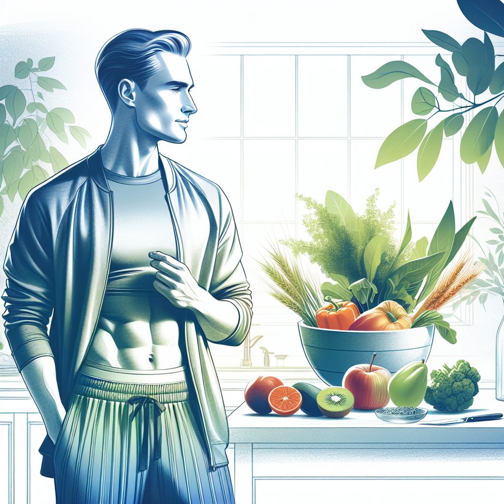 A person with a visibly flat and toned stomach, looking confident and healthy, wearing comfortable fitness attire. They are standing in a bright, modern kitchen, subtly reaching for fresh, healthy ingredients like vibrant fruits, green vegetables, and a bowl of whole grains. The atmosphere is positive and active, with soft, natural light illuminating the scene. Digital art.
