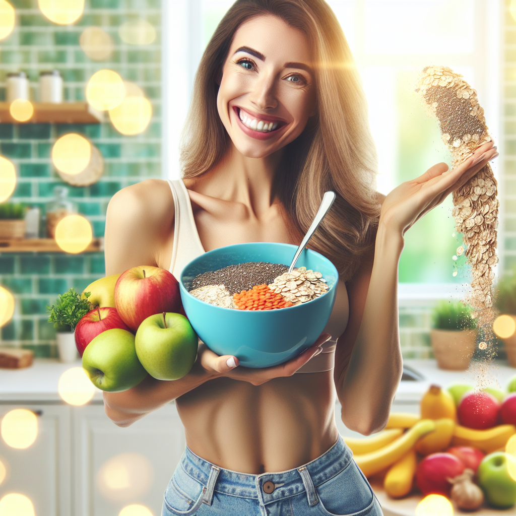 A healthy, smiling person, visibly slimmer around the waist, holding a colorful bowl filled with healthy foods like oats, chia seeds, lentils, and fresh apples. The scene conveys a sense of wellness and successful weight loss through a balanced diet. Bright, inviting lighting, modern and clean style.