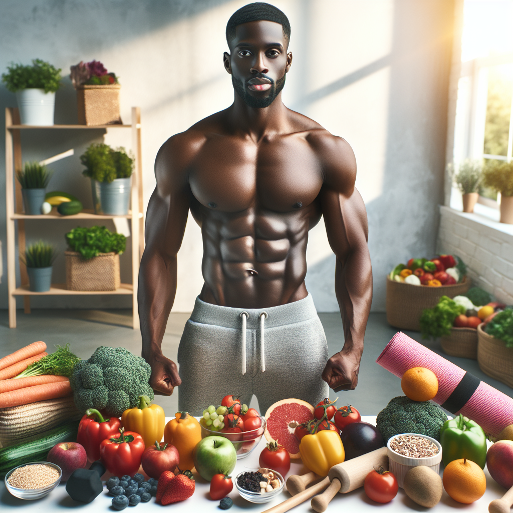 A vibrant, inspiring image of a person with a toned, healthy midsection, radiating confidence and well-being. They are surrounded by fresh, colorful healthy foods (fruits, vegetables, whole grains) and subtle fitness elements (e.g., a yoga mat or light weights in the background). The setting is bright and clean, symbolizing a healthy lifestyle. Emphasize positive transformation and actionable steps. Realistic photo style.