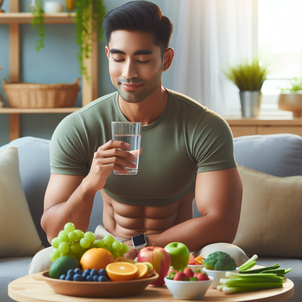 A person with a visibly flat stomach, looking serene and healthy, enjoying a quiet moment in a bright, comfortable home. They are holding a glass of water, with fresh fruits, vegetables, and a balanced meal nearby. The image conveys peaceful well-being and results achieved through mindful eating and a relaxed lifestyle, with no sports equipment or strenuous activity visible.