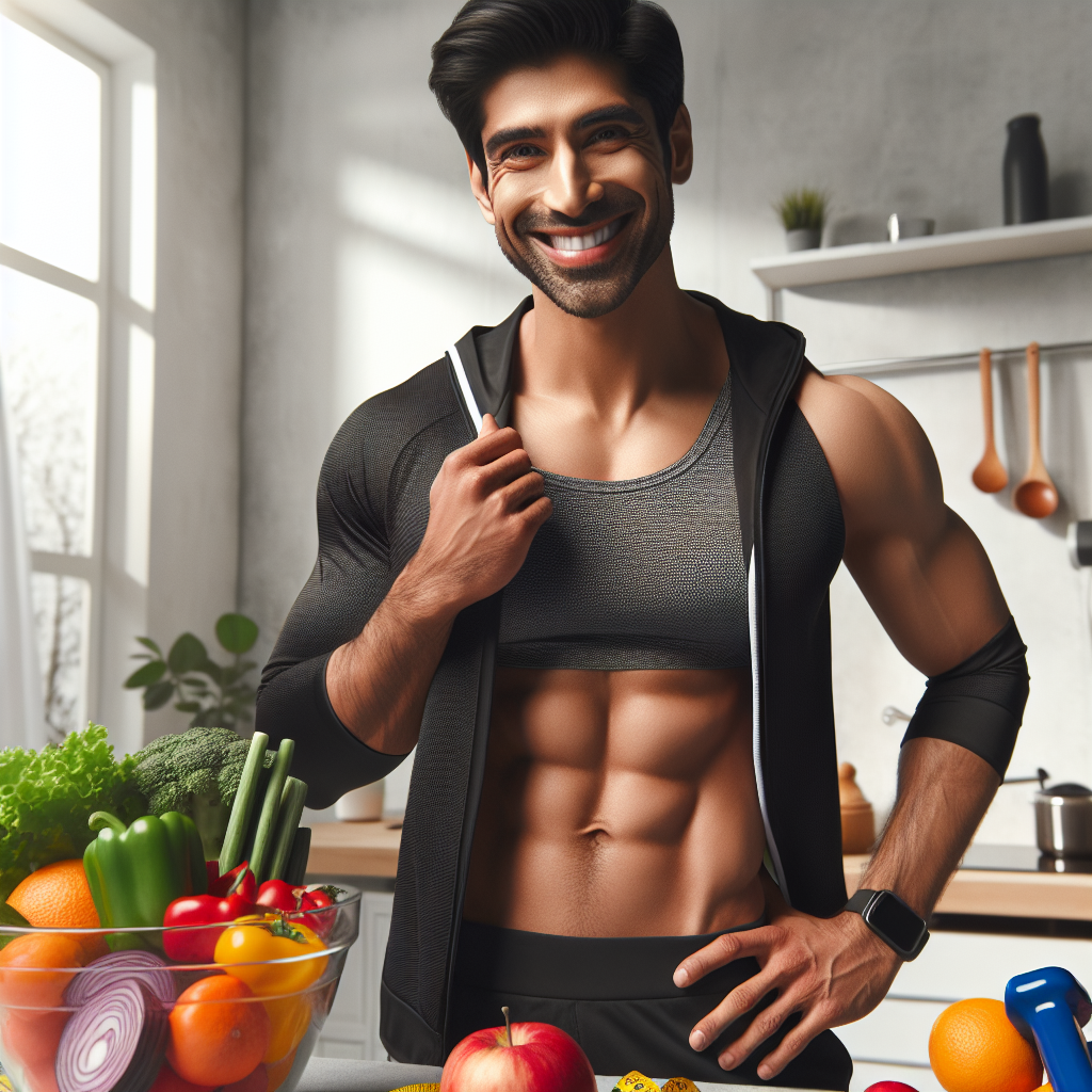 A confident person with a noticeably flatter and more toned midsection, smiling brightly and looking fit. In the background, there are subtle visual cues of a healthy lifestyle, such as fresh vegetables, fruits, and light exercise equipment (e.g., dumbbells, running shoes). The overall scene is bright, encouraging, and conveys a sense of achievement and well-being. Realistic photography style.
