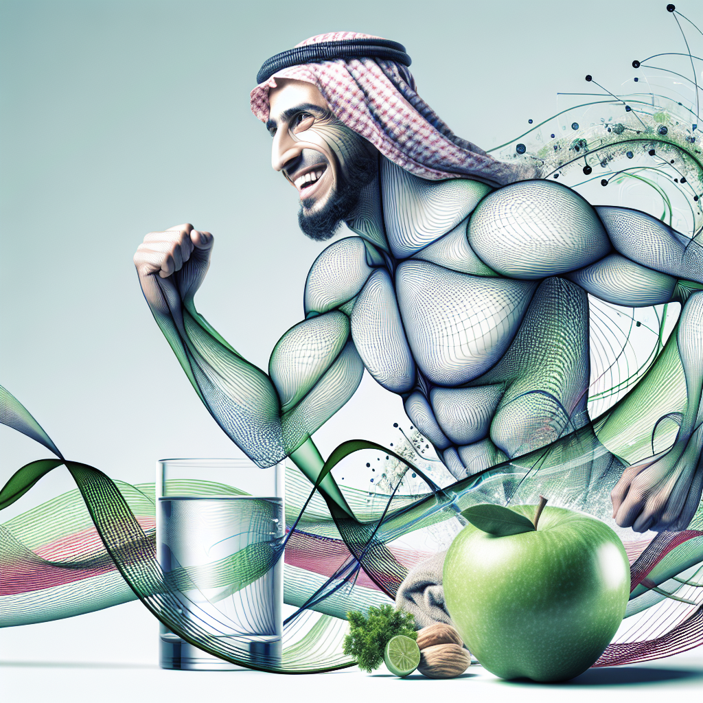 A vibrant and energetic person, smiling and in a dynamic pose, surrounded by subtle, glowing abstract lines and swirling energy patterns that visually represent an active metabolism. Include gentle hints of healthy lifestyle elements like fresh fruits, a glass of water, or green leaves in the background. The overall mood should be positive, modern, and clean, suitable for a health and wellness blog.