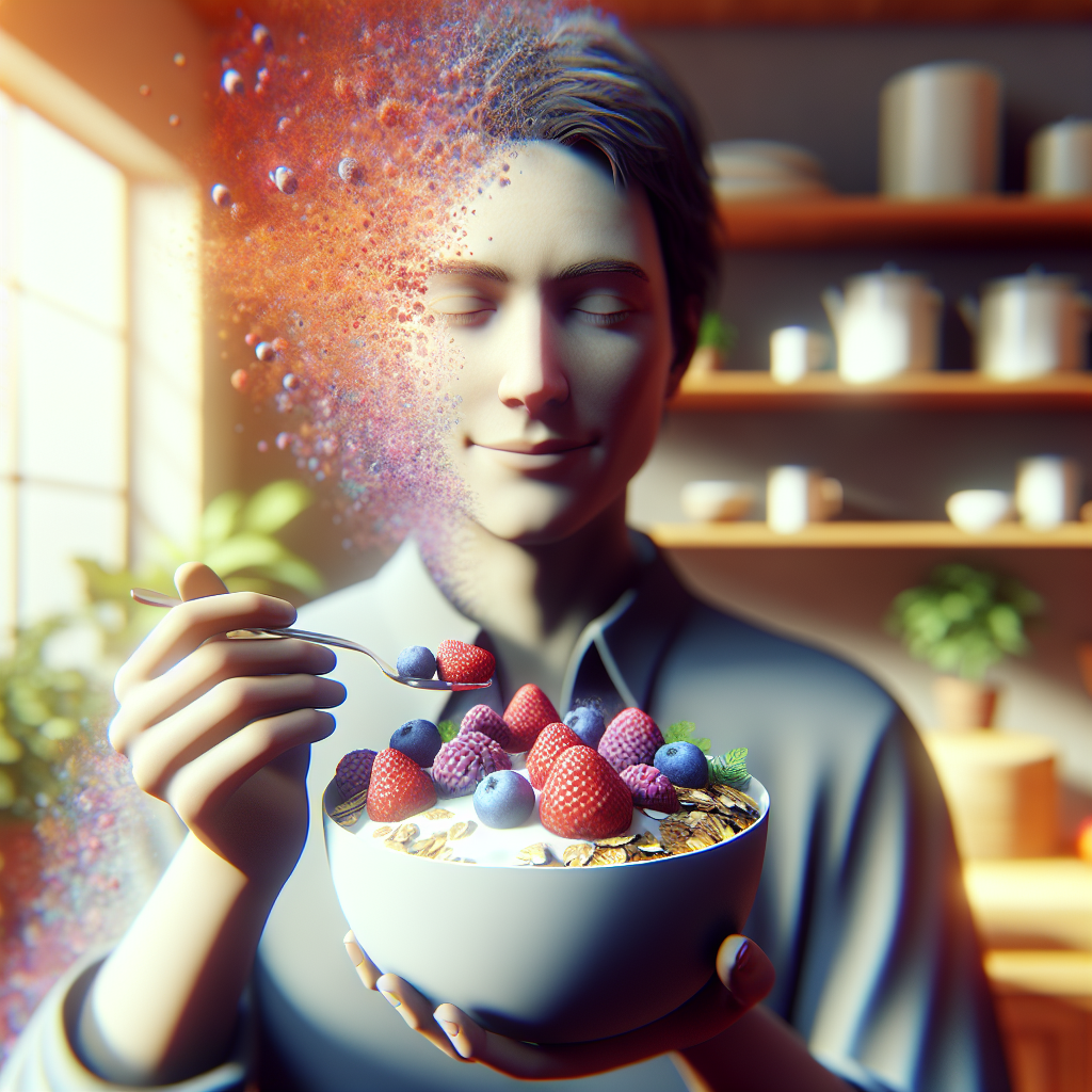 A person (gender-neutral, diverse) with a relaxed and content expression, gently holding a vibrant bowl of fresh, colorful berries, granola, and yogurt. They are in a bright, modern kitchen or dining area with natural light, suggesting an everyday, enjoyable, and healthy routine. The scene emphasizes mindful eating, wholesome ingredients, and a feeling of ease and well-being, symbolizing a sustainable approach to health without strict dieting. High quality, warm colors, inviting atmosphere.