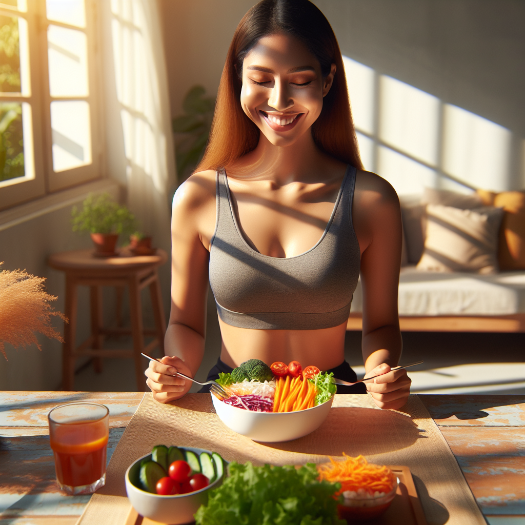 A diverse, healthy-looking person is gently smiling while enjoying a vibrant, colorful, and wholesome meal at a sunlit table, symbolizing a relaxed approach to weight loss without strict dieting. The atmosphere is warm and inviting, emphasizing enjoyment and freedom with food and lifestyle rather than restriction. The background is a soft, pleasant everyday setting.