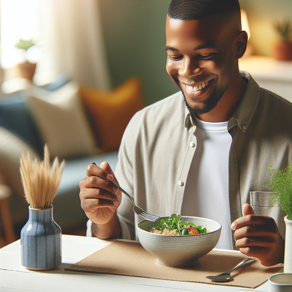 Ein lächelnder, schlank und gesund aussehender Mensch in einem gemütlichen Zuhause, ohne Sportausrüstung. Er oder sie genießt eine kleine, ausgewogene Mahlzeit an einem schön gedeckten Tisch. Die Atmosphäre ist ruhig und wohnlich, mit hellem, natürlichem Licht. Der Fokus liegt auf Wohlbefinden durch gesunde Lebensweise, nicht durch anstrengenden Sport. Fotorealistischer Stil, hohe Auflösung.