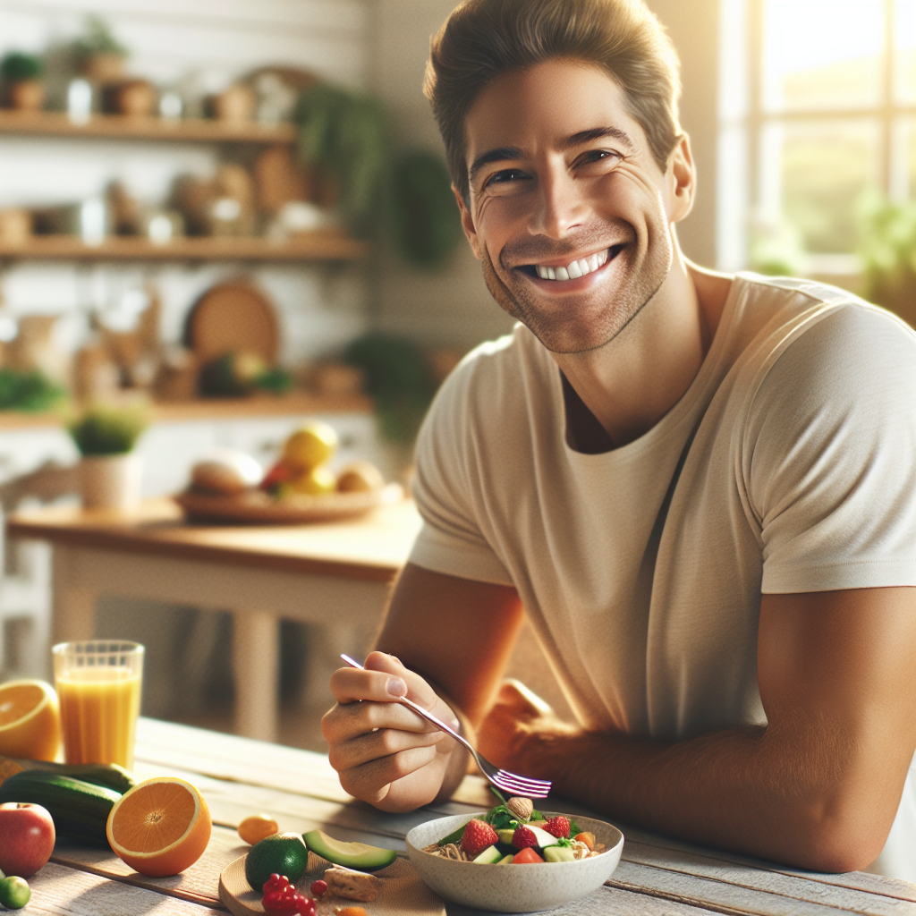 A vibrant and inviting image showing a person (gender-neutral) looking happy and healthy in a cozy home environment, perhaps in a bright kitchen or dining area. They are enjoying a thoughtfully portioned, colorful, and healthy meal on a small plate. Surrounding elements subtly highlight fresh ingredients like fruits, vegetables, and whole grains. Crucially, there is no sports equipment, gym clothes, or any indication of physical exercise. The overall mood is calm, emphasizing sustainable wellness and healthy eating habits, not strenuous activity. Realistic, high-quality photograph with warm, natural lighting.