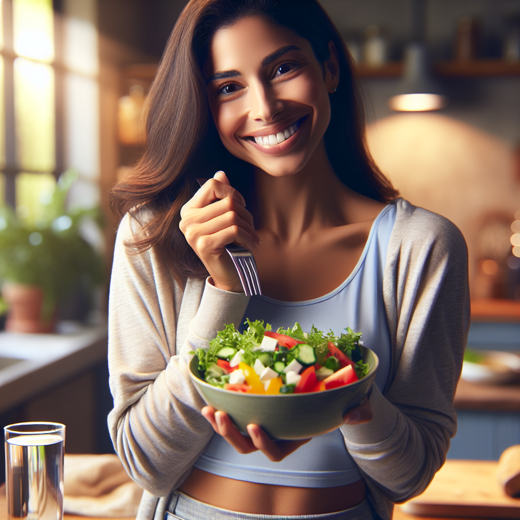 A smiling person in a bright, cozy home environment, holding a plate with a colorful, healthy meal like a fresh salad. A glass of water is beside them. The scene emphasizes a relaxed and sustainable approach to weight management through mindful eating and everyday well-being, completely free of any visible sports equipment or intense physical activity. Soft, natural light, realistic photography style.