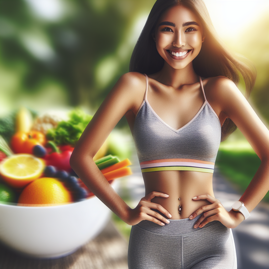 A radiant, healthy person, smiling with confidence, their midsection appearing toned and flat under comfortable activewear. They are surrounded by visual cues of a balanced, active lifestyle: a bowl of colorful fresh fruit and vegetables on one side, and a blurred background suggesting an outdoor activity like a morning run in a park or a yoga session. The image should convey vitality, well-being, and the positive results of a healthy routine. Realistic photograph with warm, natural light.
