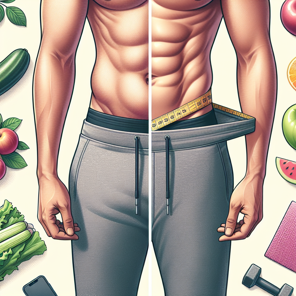 An inspiring digital illustration of a person's midsection, visually transforming from a slightly larger, less defined waistline to a healthy, toned one. Subtle elements like fresh fruits, vegetables, and light exercise equipment (e.g., a yoga mat, a dumbbell) are artfully integrated into the background. The overall aesthetic is clean, modern, and hopeful, emphasizing health and personal transformation, in a soft, inviting color palette.