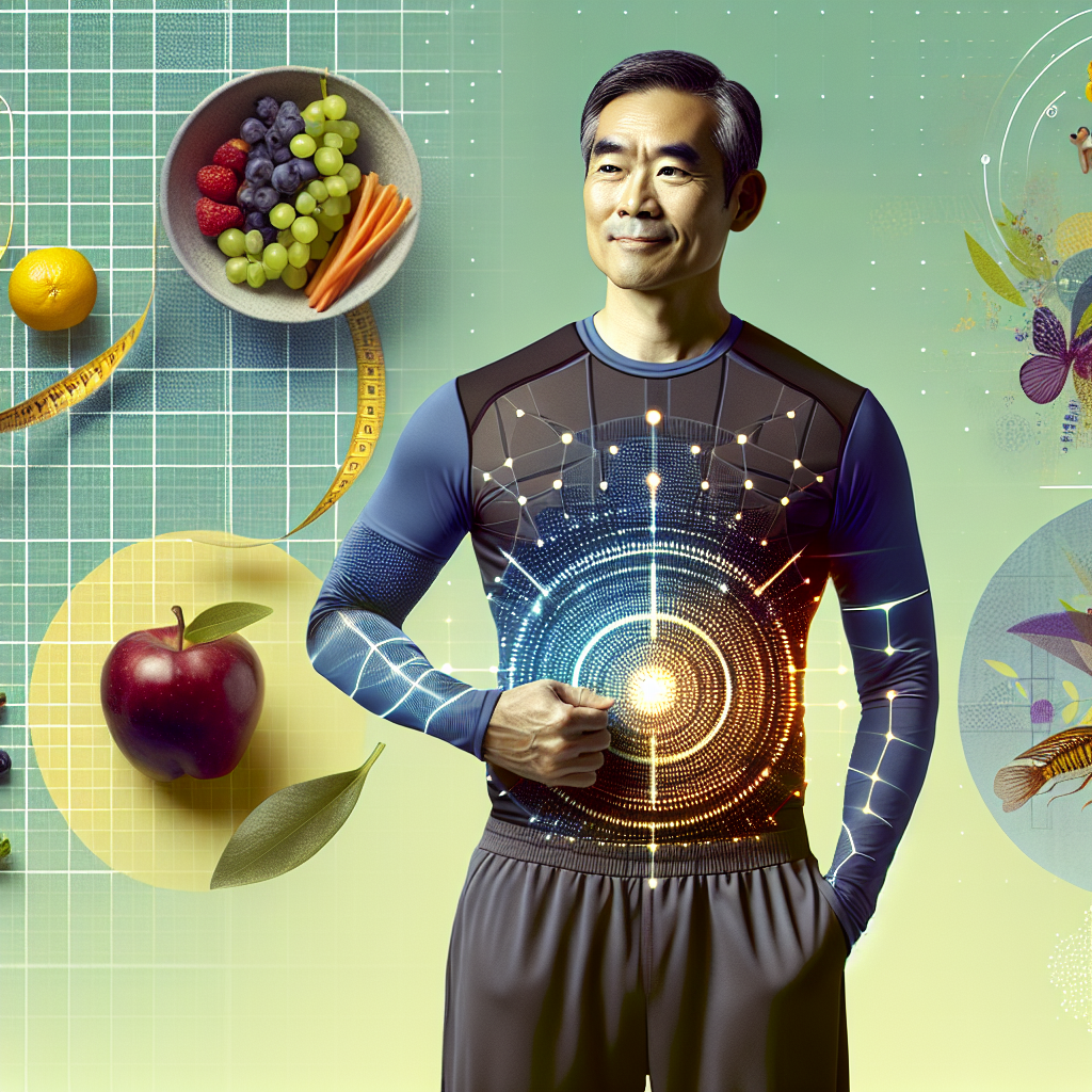 A diverse person in activewear, confidently showing a flat, toned stomach. In the background, subtle elements like fresh fruits, vegetables, and a yoga mat are visible, symbolizing a balanced and healthy lifestyle. The image should convey health, vitality, and achievable wellness. Realistic, bright, and inspiring style.