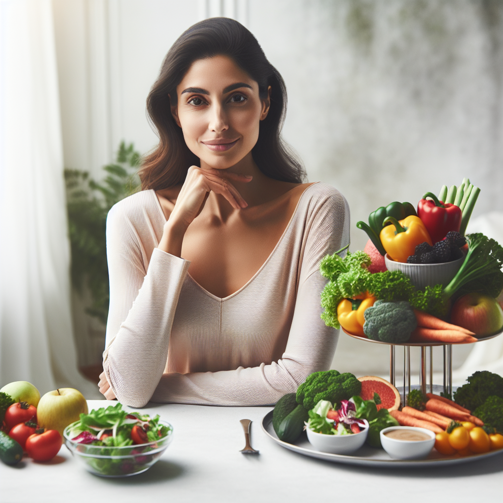 A serene and happy person, perhaps a woman in her 30s-40s, with a relaxed, confident posture (not engaged in physical exercise). She is gently surrounded by an appealing, artful display of fresh, colorful, healthy foods like crisp salads, vibrant vegetables, lean protein, and fruits on a bright, minimalist table. The overall scene conveys a sense of natural well-being, ease, and successful weight management achieved through smart choices rather than strenuous activity. Soft, natural lighting, clean aesthetic, realistic high-quality photograph.
