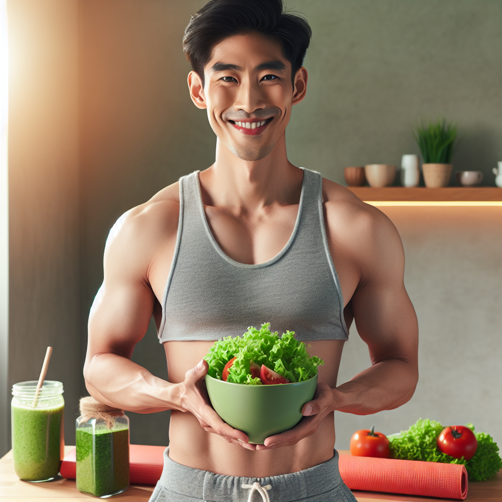 Realistic photo of a smiling person with a visibly flatter, toned stomach, holding a vibrant bowl of fresh salad. The background subtly features elements hinting at a healthy and active lifestyle, such as a yoga mat or green smoothie ingredients. Bright, uplifting lighting, conveying health and well-being.
