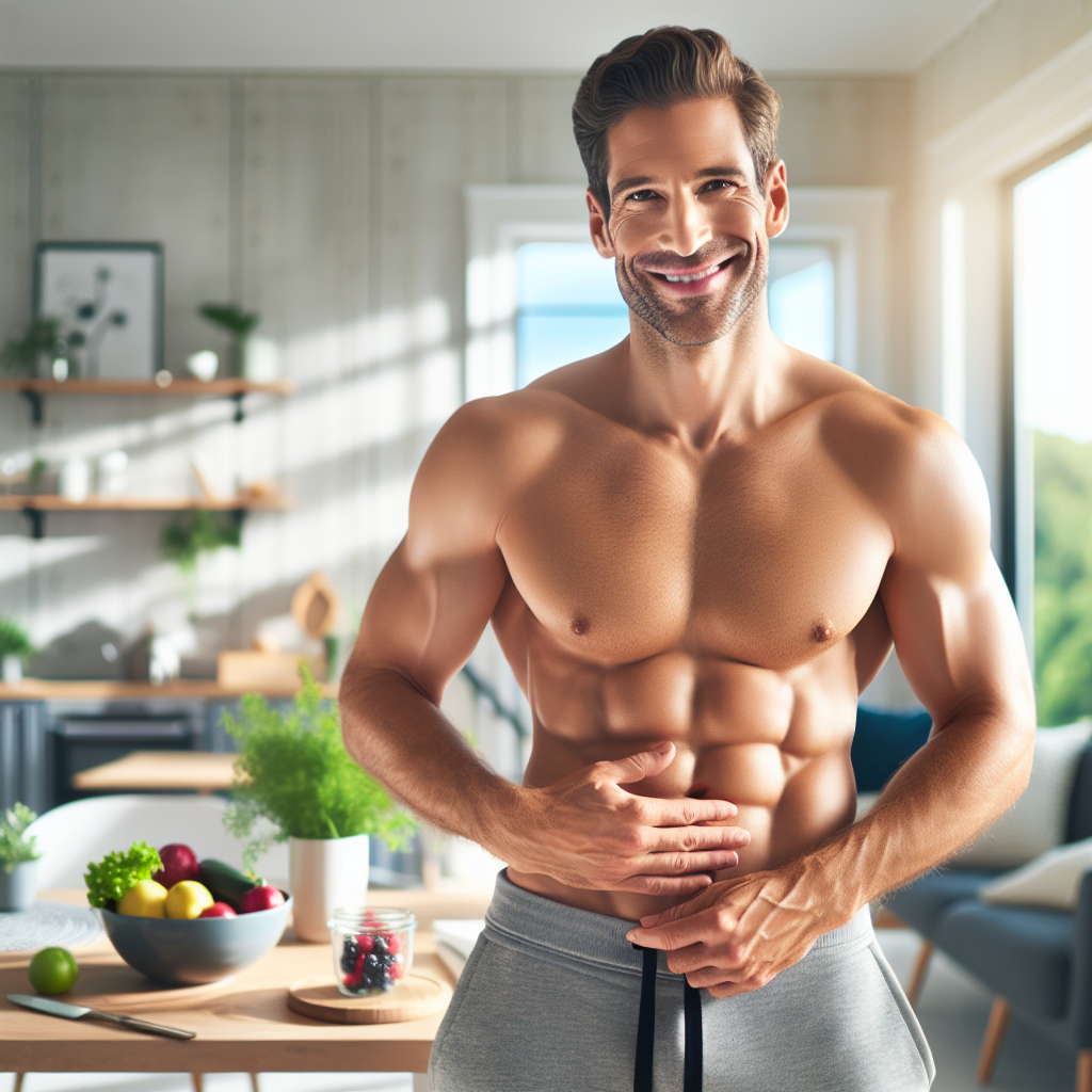 A fit person, mid-30s, with a healthy physique, smiling confidently while gently touching their toned abdomen. The setting is bright and clean, subtly suggesting a home environment with healthy food options (like a fruit bowl or salad) and hints of light exercise equipment in the background. The overall tone is positive, encouraging, and emphasizes sustainable well-being and progress in losing belly fat. Realistic photograph, natural light, soft colors.