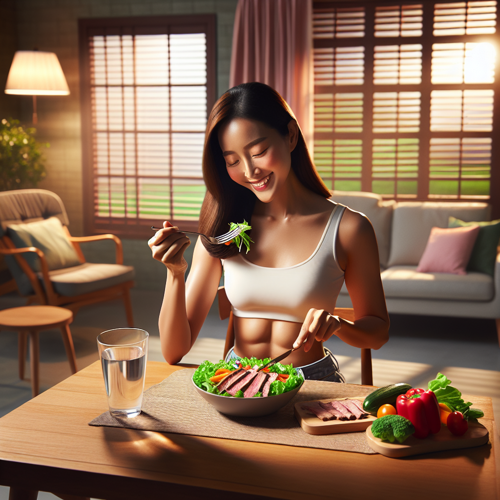 A happy and fit-looking person is enjoying a delicious, wholesome meal (e.g., a colorful salad, lean protein, and fresh vegetables) at a well-lit dining table in a cozy home setting. There is absolutely no sports equipment or gym attire visible. The scene emphasizes healthy eating and a relaxed lifestyle as the key to weight management, reflecting a sense of peace and satisfaction. Realistic, warm tones, inviting atmosphere.