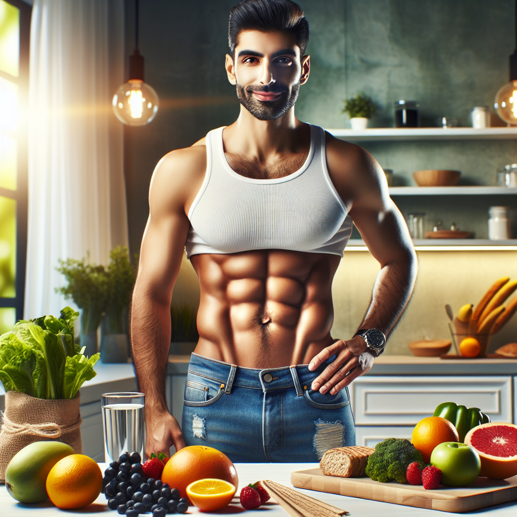 A diverse person with a visibly flatter, toned stomach, smiling confidently, stands in a bright, modern kitchen. Around them, a delicious and vibrant spread of healthy foods: colorful fruits like berries and citrus, fresh green vegetables, whole grain bread, and a glass of water. The overall feeling is one of health, success, and well-being after adopting effective tips for losing belly fat. Realistic photo style.