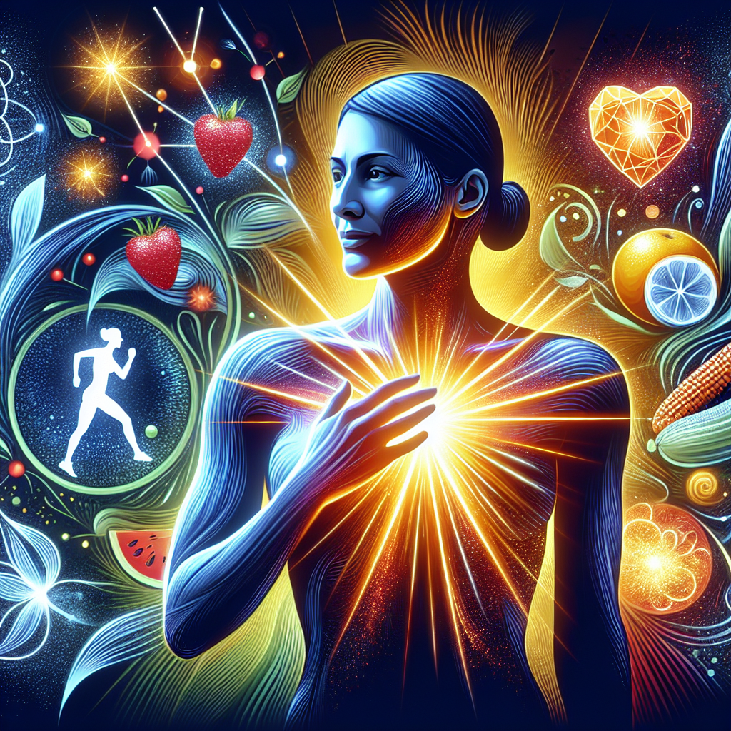 A vibrant and dynamic illustration of a person with an energetic glow or a subtle 'spark' emanating from their core, symbolizing an active and boosted metabolism. In the background, abstract, stylized elements representing healthy food (like fruits, vegetables, protein) and light exercise (like a jogging silhouette or a yoga pose) are subtly visible. The overall mood should be optimistic and full of vitality, with bright, clean colors and a modern, inspiring aesthetic.