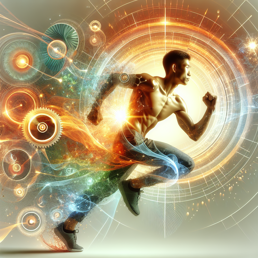 A vibrant, energetic person (gender neutral) in a dynamic, healthy pose, radiating internal energy. Around them, subtle visual metaphors for an active metabolism, such as glowing energy streams, fast-turning abstract gears, or sparks symbolizing calorie burning, integrated fluidly. The background is clean and bright, conveying freshness and well-being. Modern, optimistic, and healthy aesthetic, emphasizing vitality and efficient body function. High detail, warm light.