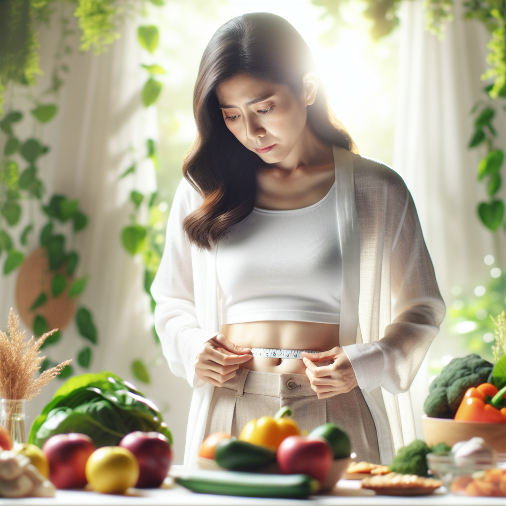 A person thoughtfully observing their midsection, surrounded by subtle visual cues of healthy eating like vibrant fruits, vegetables, and lean protein, all in a bright, encouraging, and clean environment. The image should convey the idea of seeking a solution for belly fat through nutrition, with a focus on a healthy lifestyle rather than extreme dieting. Modern, inviting style, soft focus, morning light.