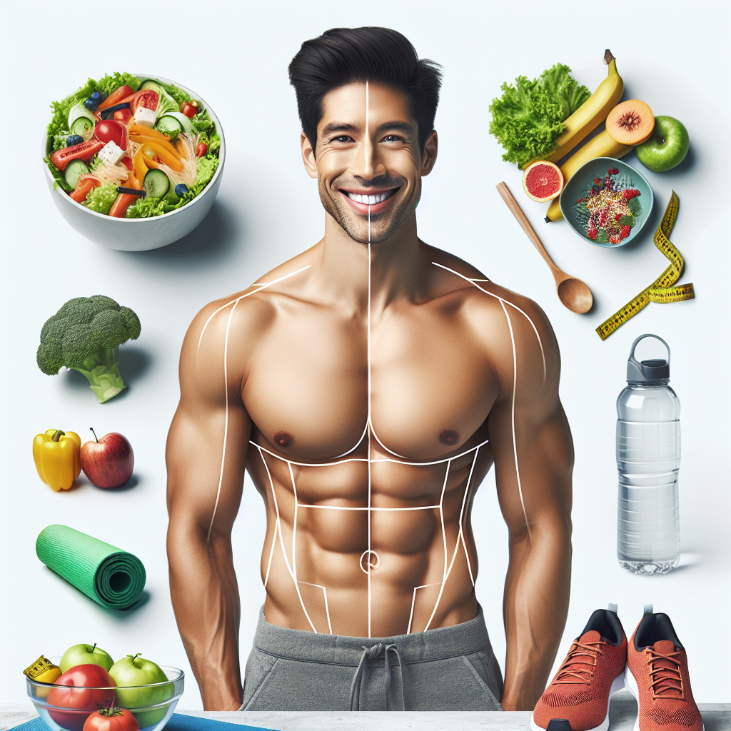 A smiling, fit person, looking confident and healthy, subtly highlighting a toned midsection. In the background or foreground, elements representing a healthy lifestyle: a vibrant salad bowl, fresh fruits, and a pair of running shoes or a yoga mat. The setting is bright and clean, conveying energy and well-being. Realistic photographic style.