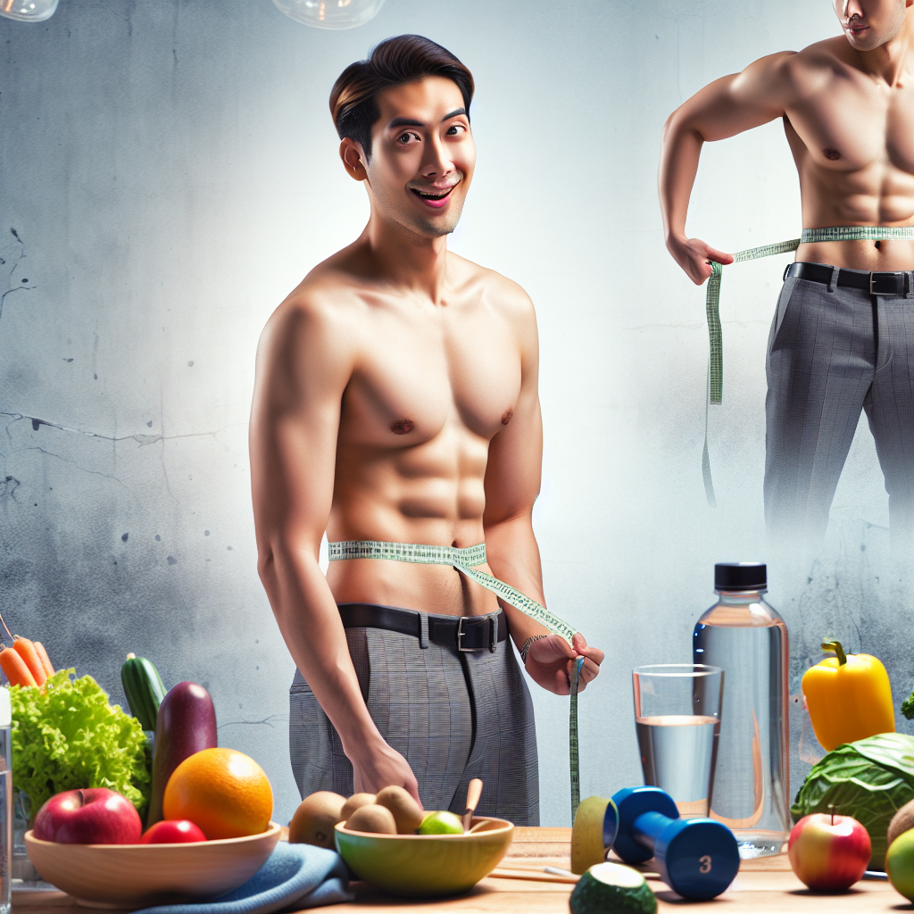 A person with a visibly flatter stomach, looking confident and healthy, playfully holding a measuring tape around their waist. In the background, subtly blurred, are elements representing a healthy lifestyle such as fresh fruits and vegetables, a glass of water, and light exercise equipment like a yoga mat. The image should convey motivation and effective, quick progress in losing belly fat. Modern, realistic photography style with bright, natural lighting.