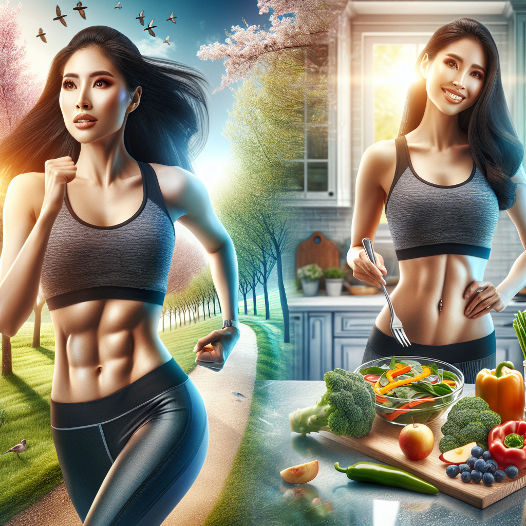 A fit person with a visibly toned and flat stomach, actively engaged in a dynamic, healthy lifestyle. The person is either jogging in a sunny park or preparing a vibrant, healthy meal with fresh vegetables and fruits in a modern kitchen. The image should convey energy, determination, and the success of losing belly fat through balanced diet and exercise. Realistic photo, bright and optimistic lighting.