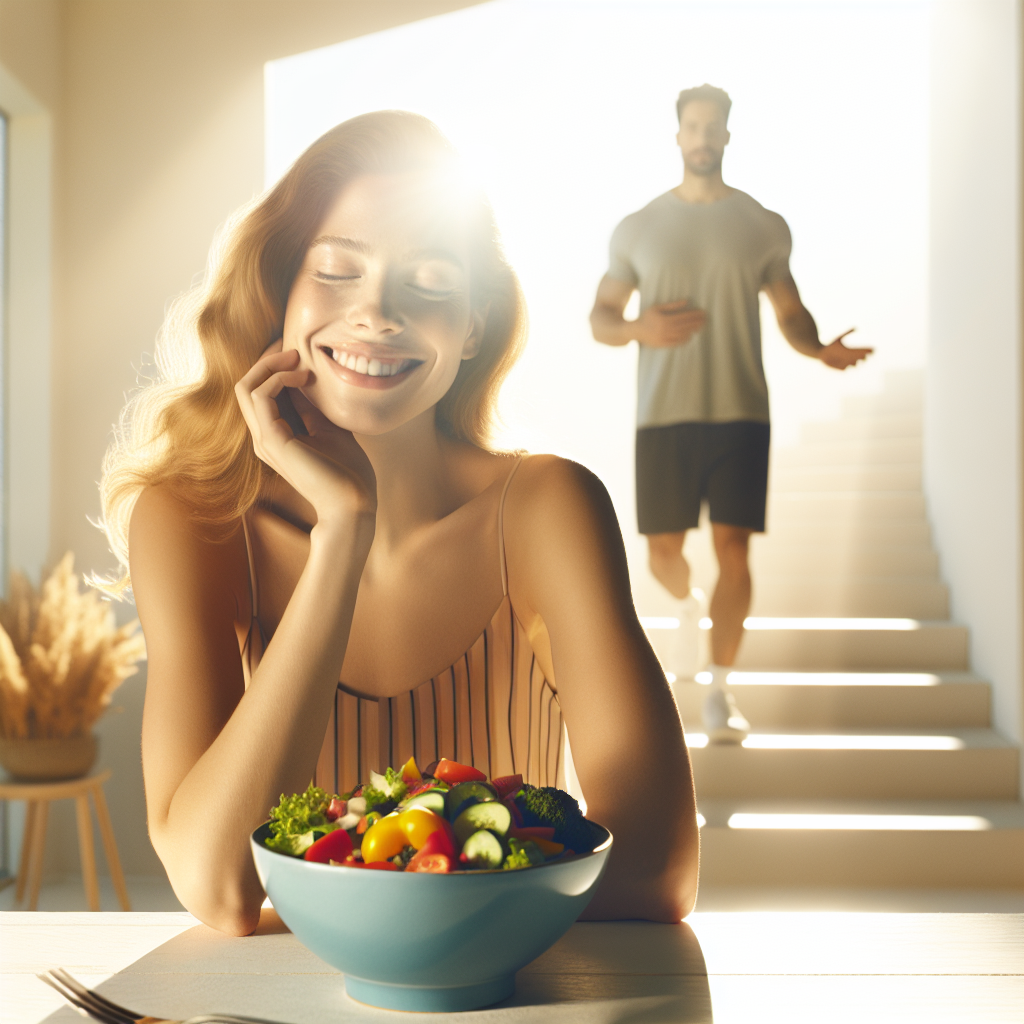A radiant, healthy person, smiling genuinely, enjoys a vibrant, fresh meal (like a colorful salad) at a sunlit table. In the gentle background, out of focus, a person is taking stairs or stretching lightly. The overall atmosphere is peaceful and joyful, conveying effortless and sustainable weight loss through simple, positive lifestyle changes, not restrictive dieting. Bright, natural light, clean aesthetic.