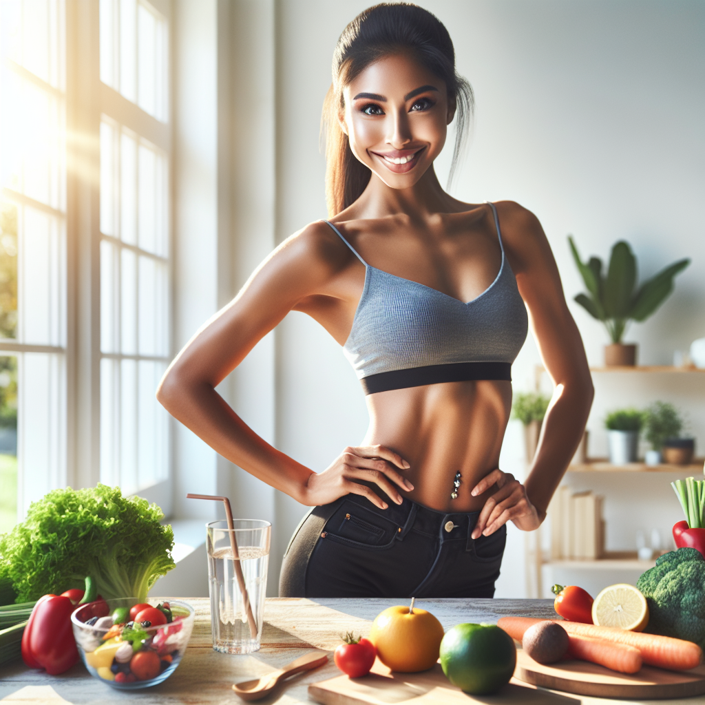 A fit, healthy person, smiling confidently, showcasing a visibly flat and toned stomach. They are in a bright, clean, and modern setting. Around them, healthy food items like fresh vegetables, fruits, and a glass of water are artfully arranged, subtly conveying the importance of diet and a healthy lifestyle for losing belly fat. The overall mood is positive, aspirational, and encouraging.