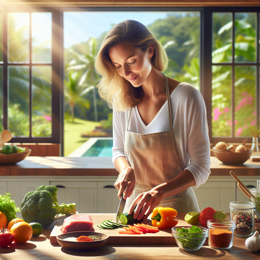 A person preparing a fresh, healthy meal with colorful vegetables, lean protein, and fruits on a kitchen counter. In the blurred background, a subtle hint of outdoor activity or a peaceful natural setting is visible through a window. The overall mood is positive and focused on wellness and healthy living, symbolizing the journey to reduce belly fat. Realistic photo, bright and clean aesthetic.
