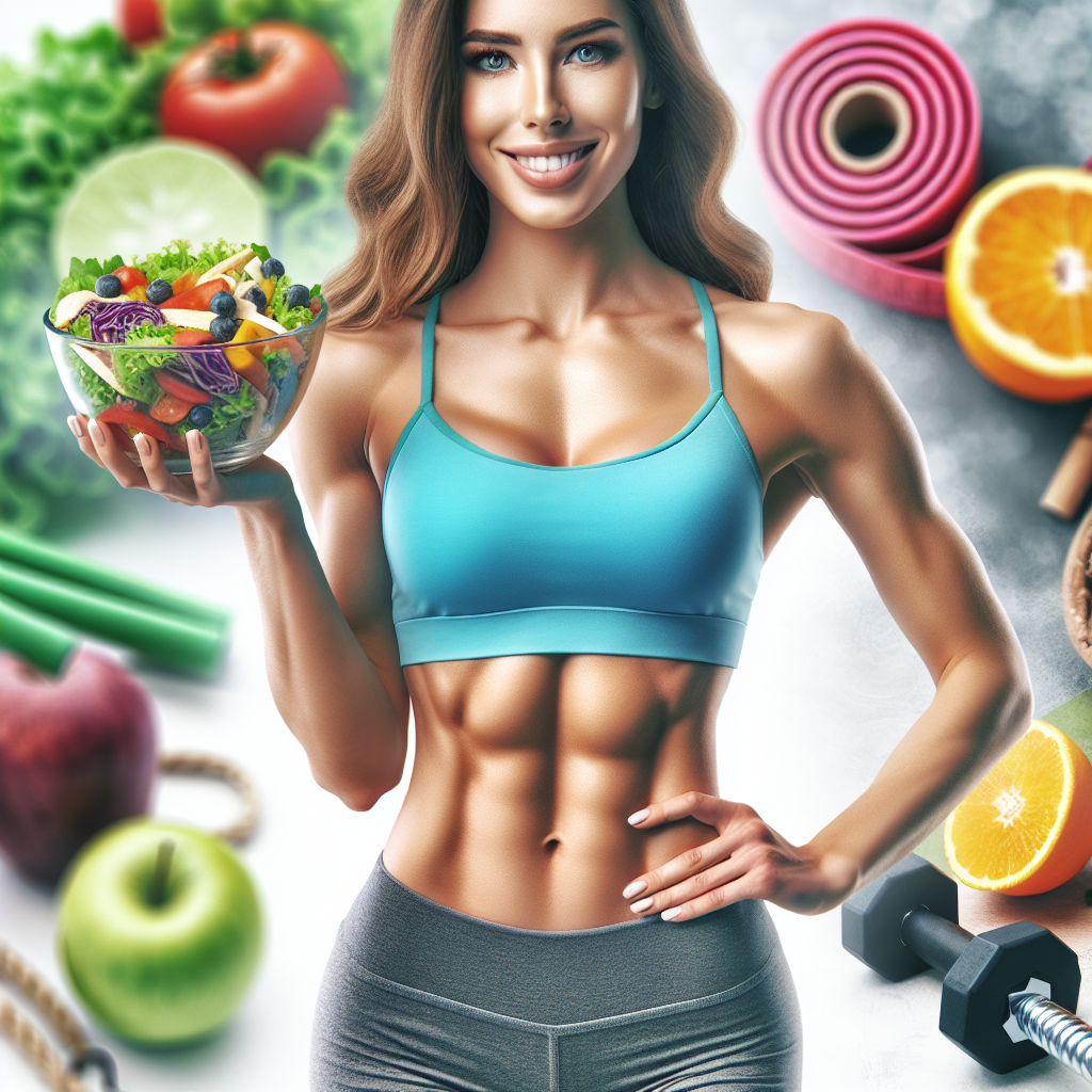 A fit and healthy person, smiling confidently, with a visibly toned stomach, holding a vibrant bowl of fresh salad. In the background, subtle elements like a resistance band or fresh fruits are blurred, suggesting a healthy lifestyle and an active approach to wellness. The overall image should evoke feelings of achievement, health, and well-being. Realistic photo, bright and clean aesthetic.