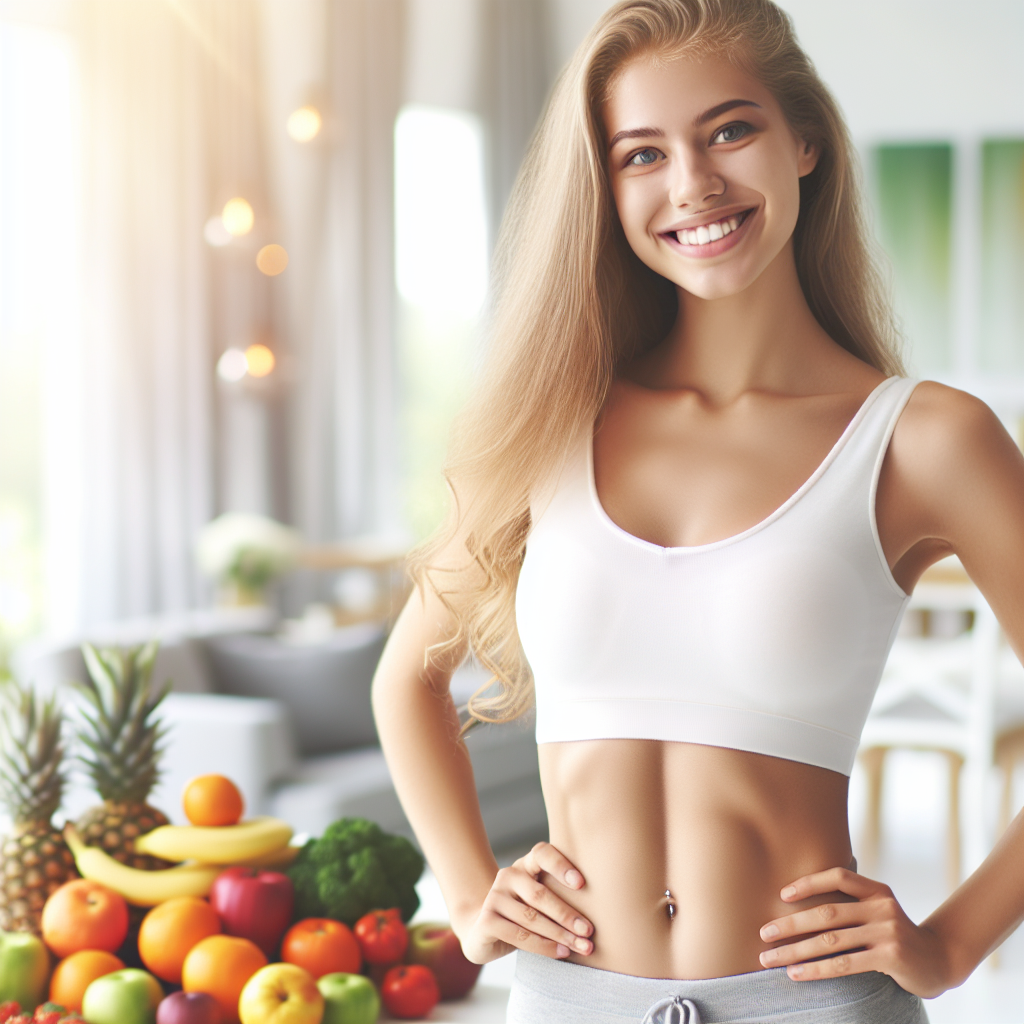A smiling, fit person (gender-neutral, diverse) with a noticeably flat stomach, radiating confidence and well-being. They are in a bright, modern setting, surrounded by fresh, colorful fruits and vegetables. The overall mood is optimistic and healthy, conveying success in weight management and a balanced lifestyle.