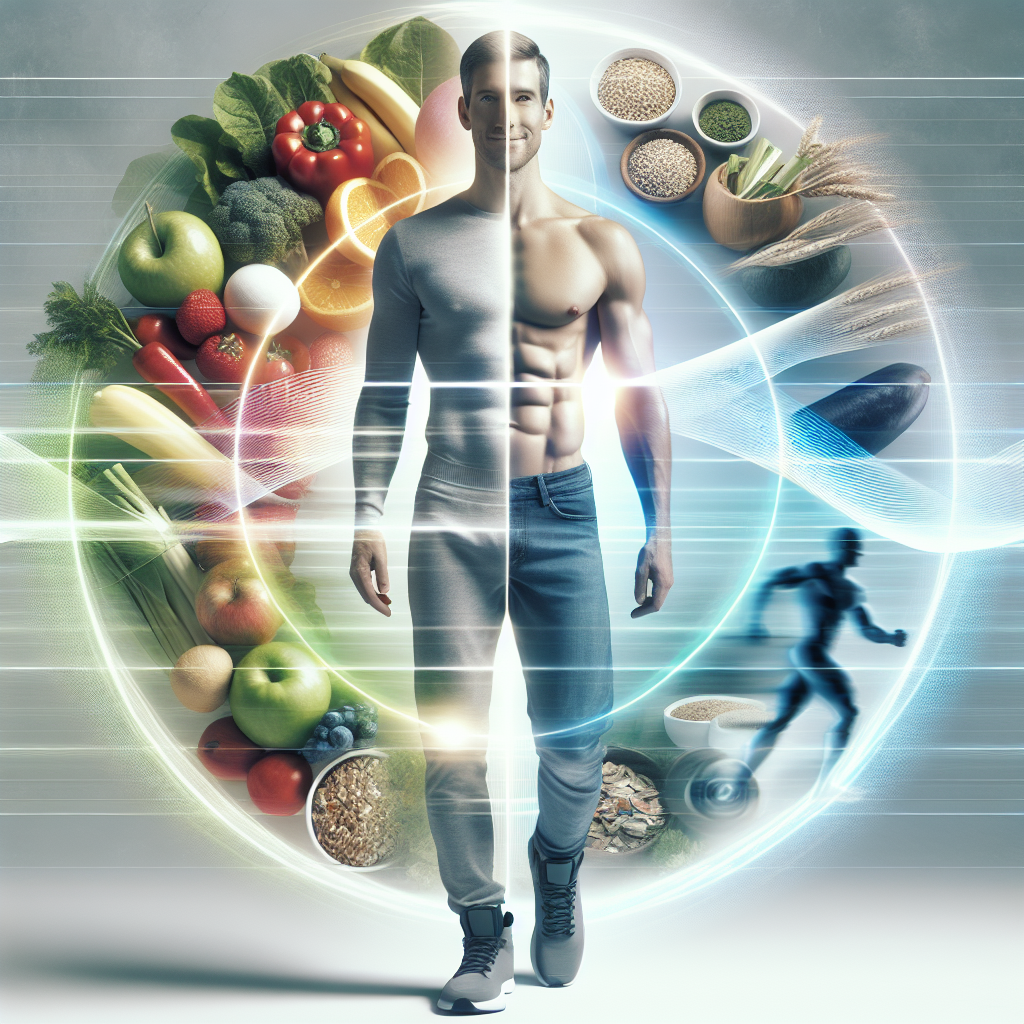 A vibrant and inspiring image illustrating a holistic approach to health. In the foreground, a person (gender-neutral, lean build) is smiling confidently, subtly indicating a toned midsection. Surrounding them, a harmonious blend of elements: on one side, an arrangement of colorful, fresh whole foods like vegetables, fruits, and whole grains; on the other, a dynamic representation of gentle movement or strength training, perhaps blurred figures exercising or abstract energy lines. The overall mood is positive, encouraging, and emphasizes balance and well-being. Clean, modern, and bright aesthetic.