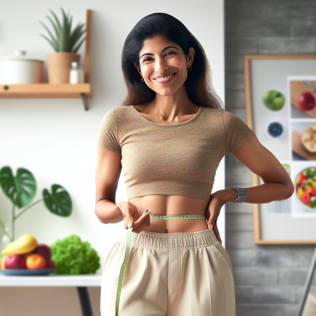 A confident person, visibly showing a flatter, toned midsection, gently touching their waist with a positive, encouraging smile. They are in a bright, clean, modern home or fitness environment, with subtle hints of a healthy lifestyle around them, such as fresh fruits on a counter or a yoga mat in the background. The image should convey successful, achievable belly fat reduction and a healthy transformation. Realistic photo style, natural lighting, inspiring and uplifting mood.