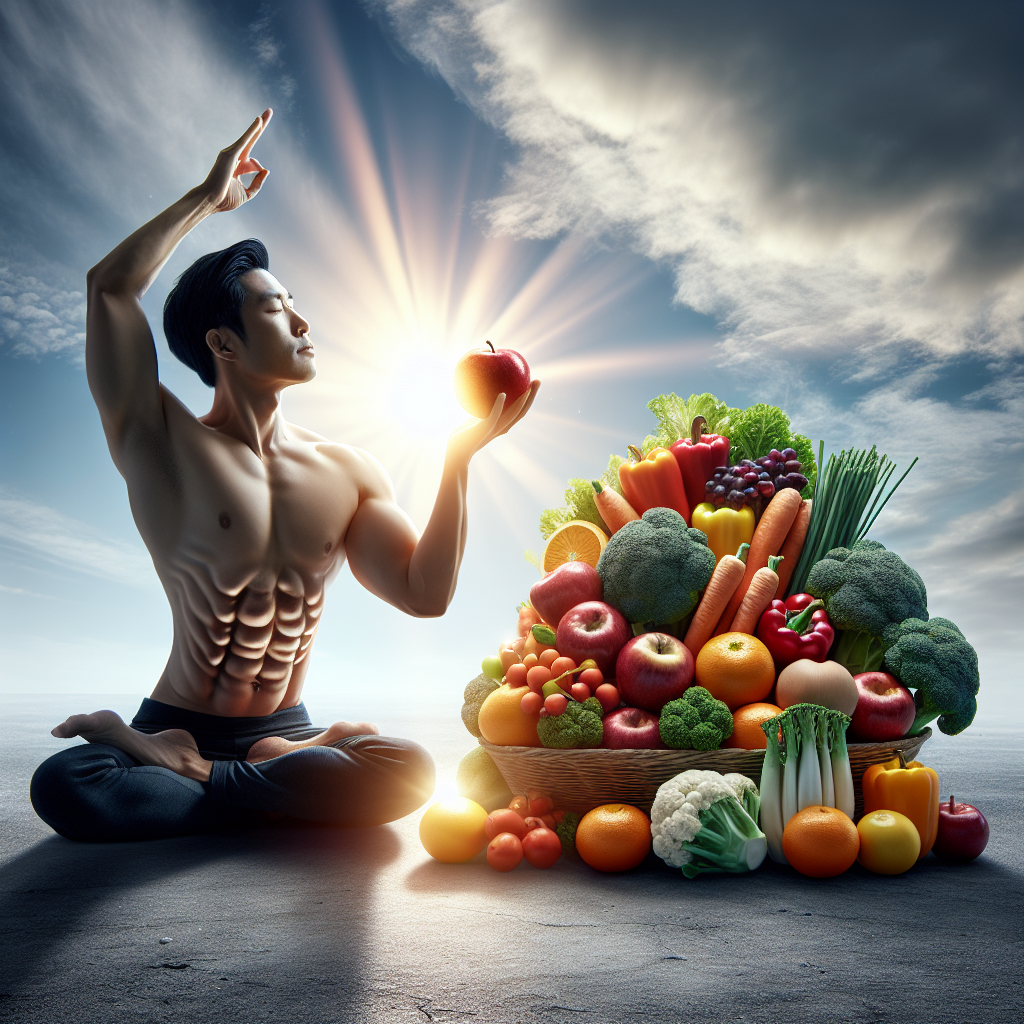 A person with a visibly toned midsection, radiating health and energy, performing a gentle morning exercise like stretching or yoga outdoors. Vibrant, fresh fruits and vegetables are artfully arranged nearby, symbolizing a balanced diet. The overall scene emphasizes a holistic, positive approach to fat loss and well-being. Bright, optimistic lighting, clean aesthetic.