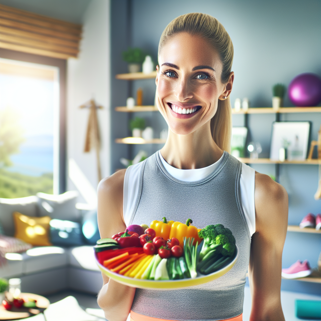 A diverse person with a fit and healthy physique, smiling confidently, in a bright, modern setting. They are holding a colorful plate of fresh vegetables and fruits, with elements of exercise (like running shoes or a yoga mat) subtly in the background. The overall image conveys a sense of well-being, an active lifestyle, and healthy eating, with a subtle emphasis on a toned midsection. Realistic, inviting style.