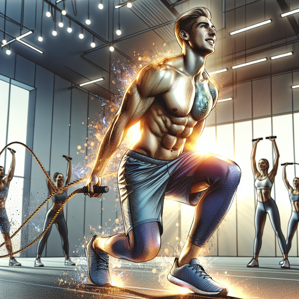 A fit and energetic person, gender-neutral, with an athletic build, performing a dynamic full-body exercise like a high-intensity jump squat or a powerful battle rope wave. They are smiling and sweating lightly, conveying a sense of accomplishment and well-being. The setting is a bright, modern gym or an inspiring outdoor park with natural light. The overall mood is motivating, emphasizing active fat loss and strength through sport, with a realistic and slightly energetic photographic style.