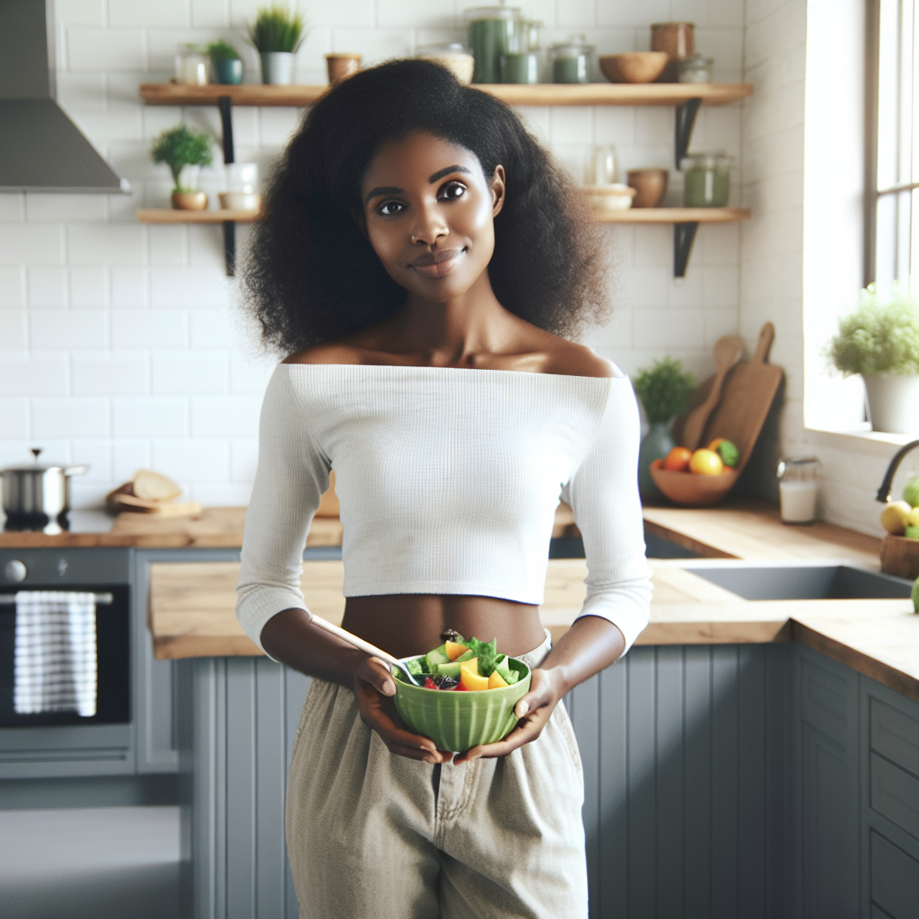 A person with a noticeably flatter stomach, looking relaxed and content, holding a vibrant, healthy meal like a fresh salad or a fruit bowl. They are in a comfortable, non-athletic setting like a bright kitchen or cozy living room. There is absolutely no sports equipment, workout gear, or signs of physical exertion visible. The atmosphere is peaceful and suggests well-being through mindful eating, not strenuous exercise. Realistic, high-quality photograph with soft, natural light.