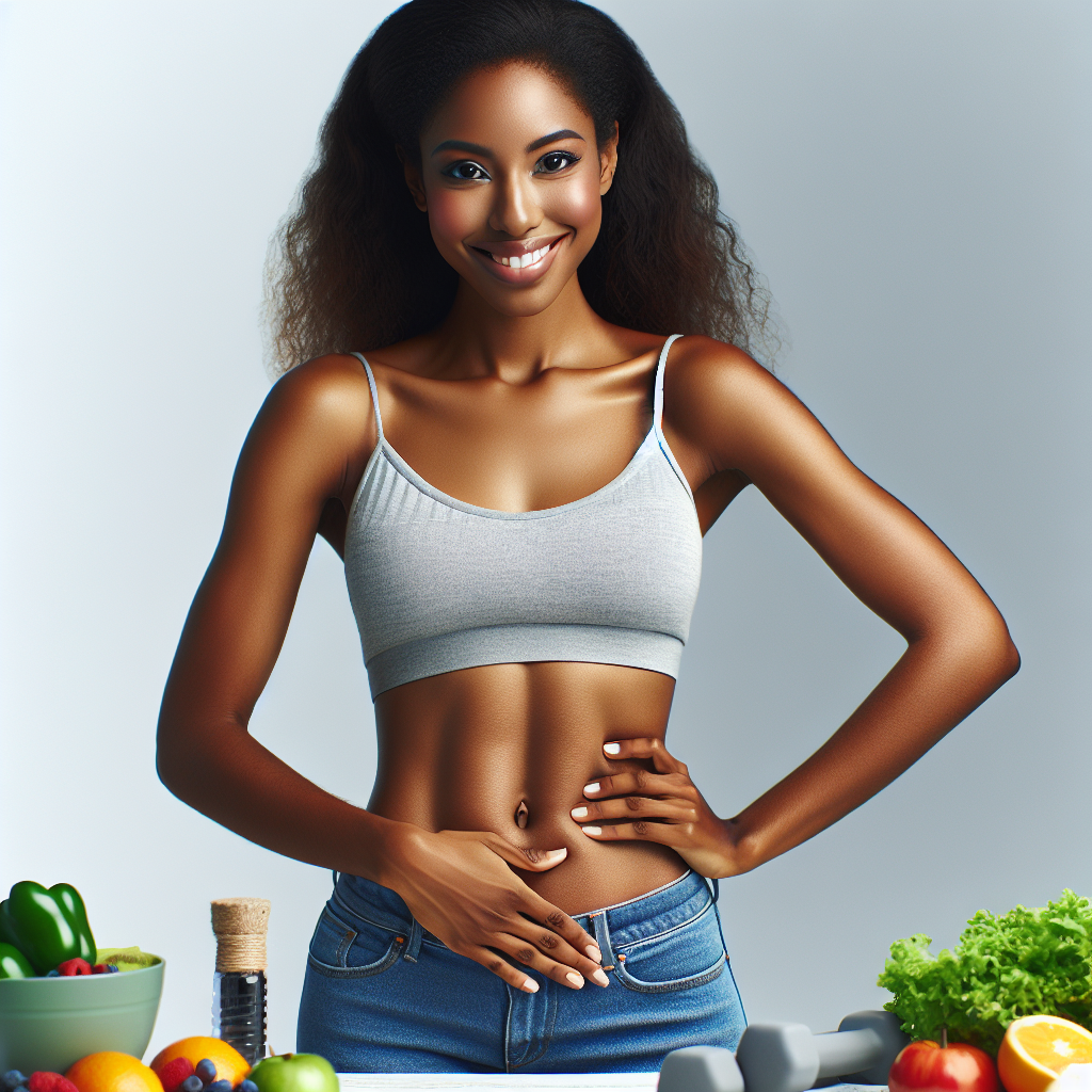 A person with a visibly flat stomach, smiling confidently while lightly touching their midsection. In the background, there are subtle hints of a healthy lifestyle: fresh, colorful fruits and vegetables (like berries, leafy greens, and citrus) arranged on one side, and light fitness equipment (like small dumbbells or a yoga mat) on the other. The overall atmosphere is bright, clean, and optimistic, emphasizing health, achievement, and well-being. Realistic photographic style.