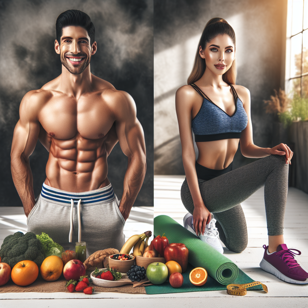 A fit person, smiling confidently, showcasing a toned midsection, surrounded by elements of a healthy lifestyle: fresh fruits and vegetables, a pair of running shoes, and a yoga mat. The scene should convey energy, health, and a sense of achievement in a bright, clean, and realistic photographic style.