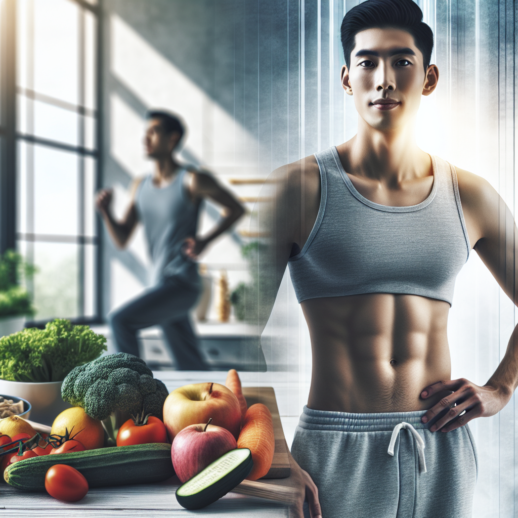 A healthy-looking person, with a confident and subtly flatter stomach, standing in a bright, modern setting. In the background, blurred elements symbolize a balanced lifestyle: fresh fruits and vegetables on a kitchen counter and a silhouette of someone exercising outdoors. The overall mood is positive, encouraging, and focuses on well-being and a sustainable approach to health. Soft, natural lighting. Realistic photo style.
