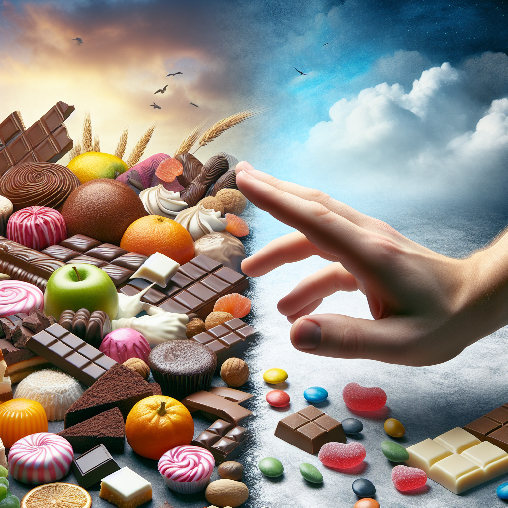 A person's hand reaching towards a tempting spread of various sweets like chocolate, cake, and colorful candies, while another hand gently yet firmly stops or redirects it. The background subtly hints at healthier alternatives or a calm, focused mindset, illustrating the internal struggle and the path to overcoming sugar cravings. Dynamic, expressive, and photo-realistic style.