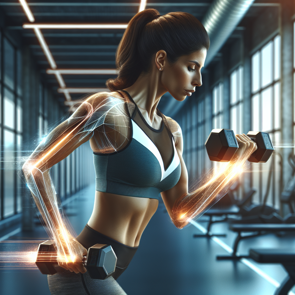 A dynamic and energetic woman in athletic wear performing a light strength training exercise with dumbbells, radiating vitality. In the background, subtle glowing lines symbolize an active metabolism and efficient energy burning. The setting is bright and clean, perhaps a modern gym or home fitness space. Realistic, vibrant style.